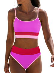 popvil Women Bikini Set High Waisted Ribbed Neon Pink Striped Adjustable Size M