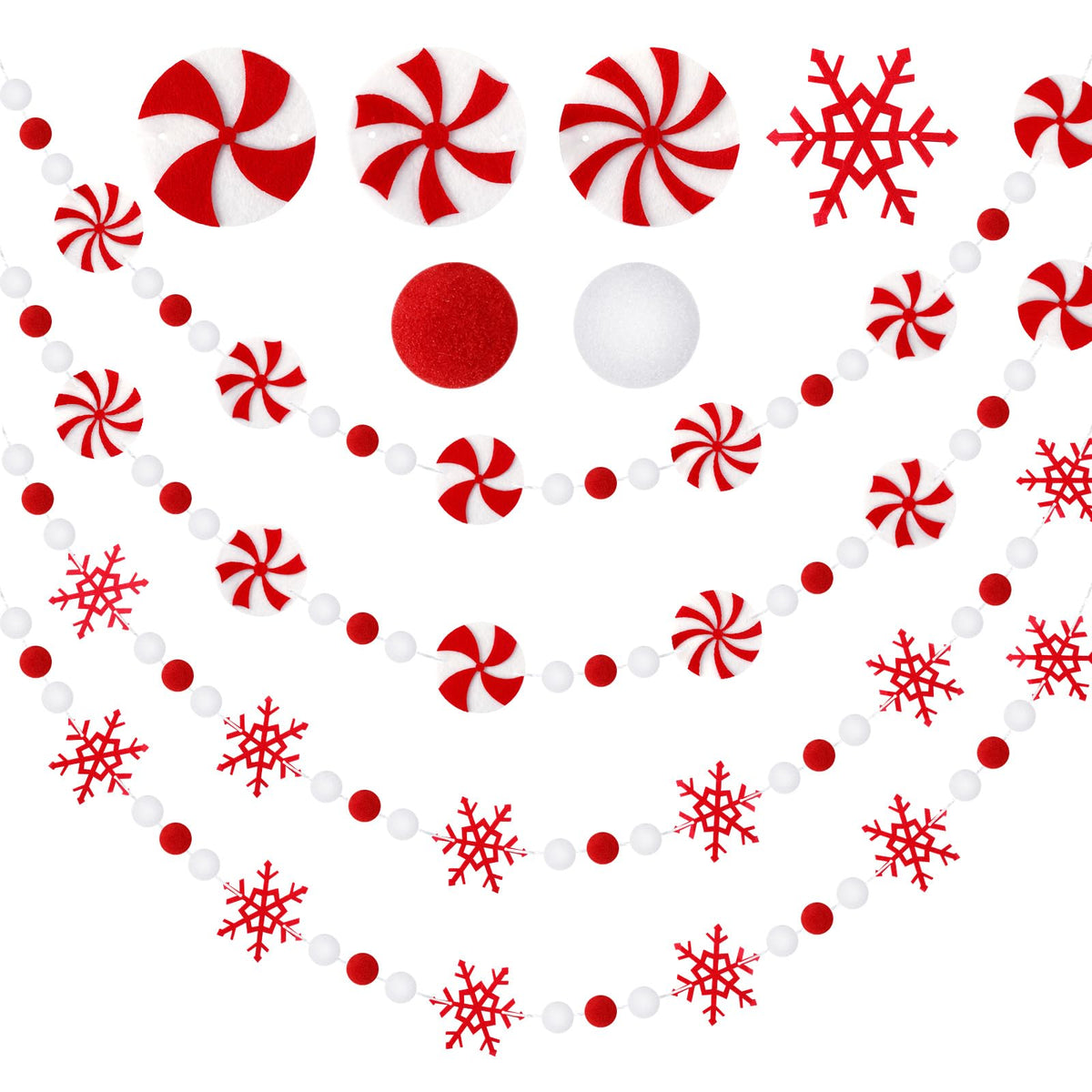 Jansun 4-Pack Christmas Felt Peppermint Snowflake Garland 32.8 ft