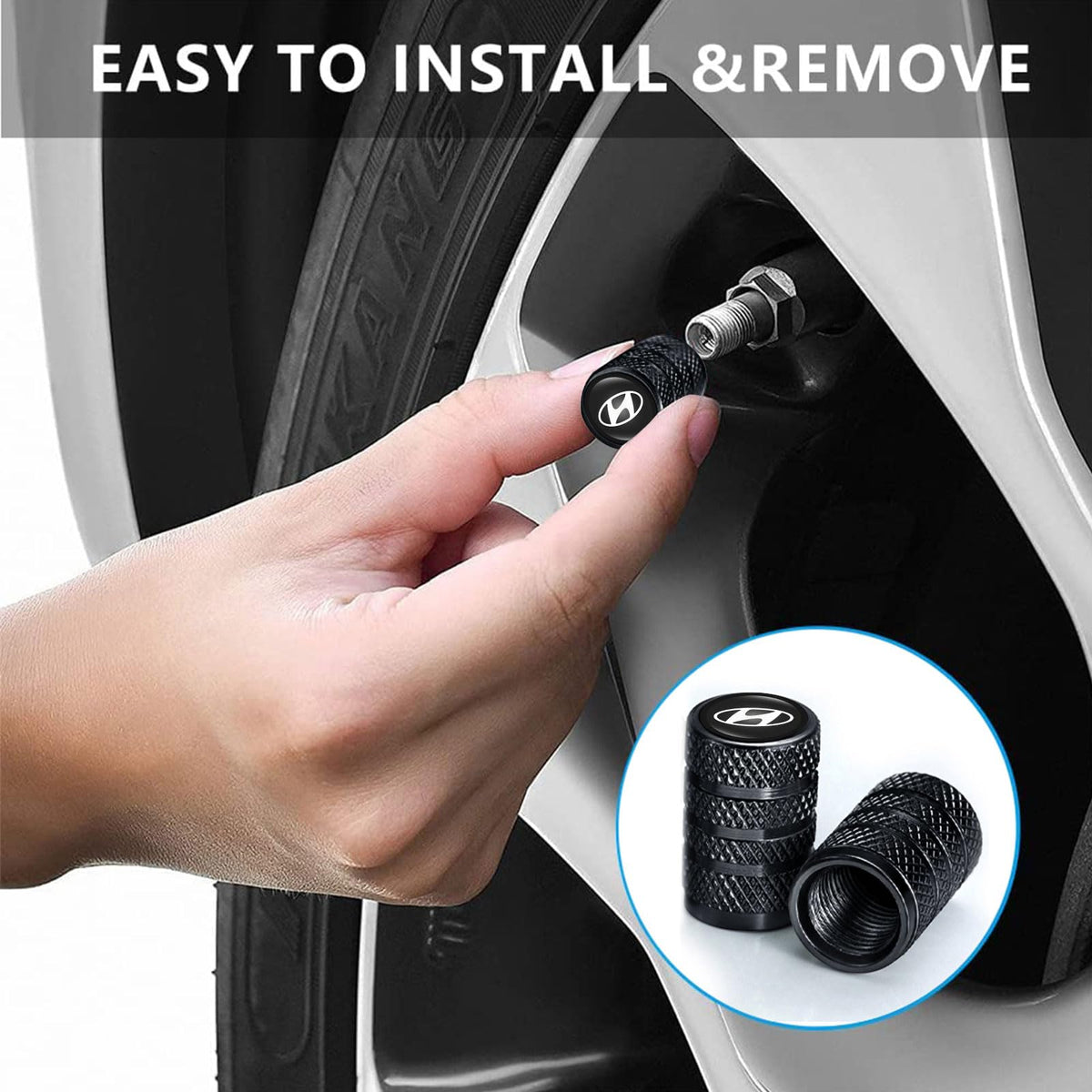 Hyundai Logo Tire Valve Stem Caps, Black, Set of 4