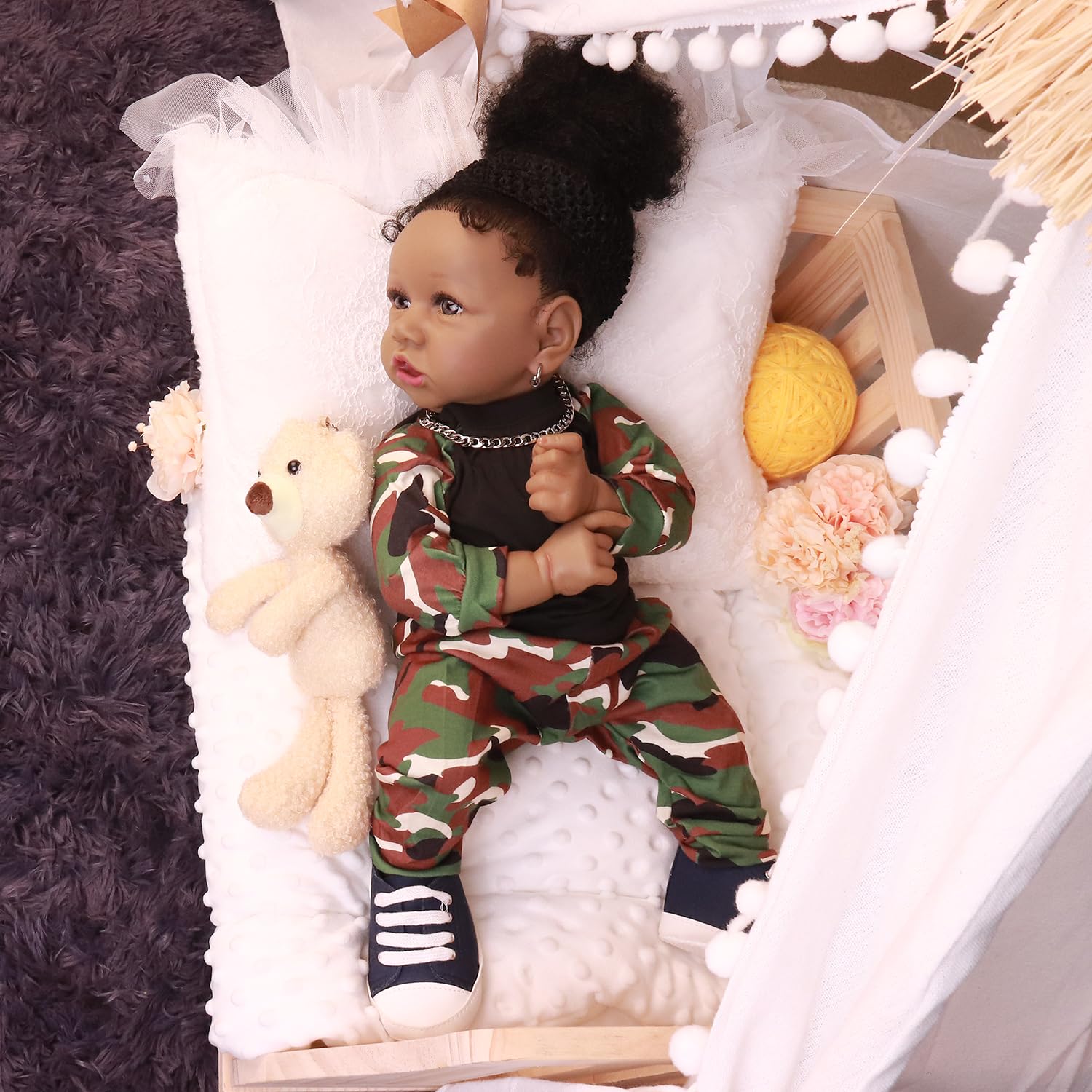 HOOMAI Lifelike Reborn Baby Doll African American Girl Soft Body 22.8 Inch