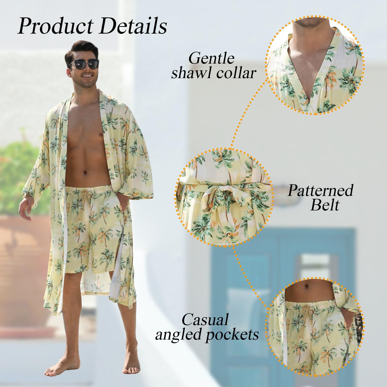 Generic Men's Lightweight Kimono Robe and Shorts Set Green Palm Tree XX-Large