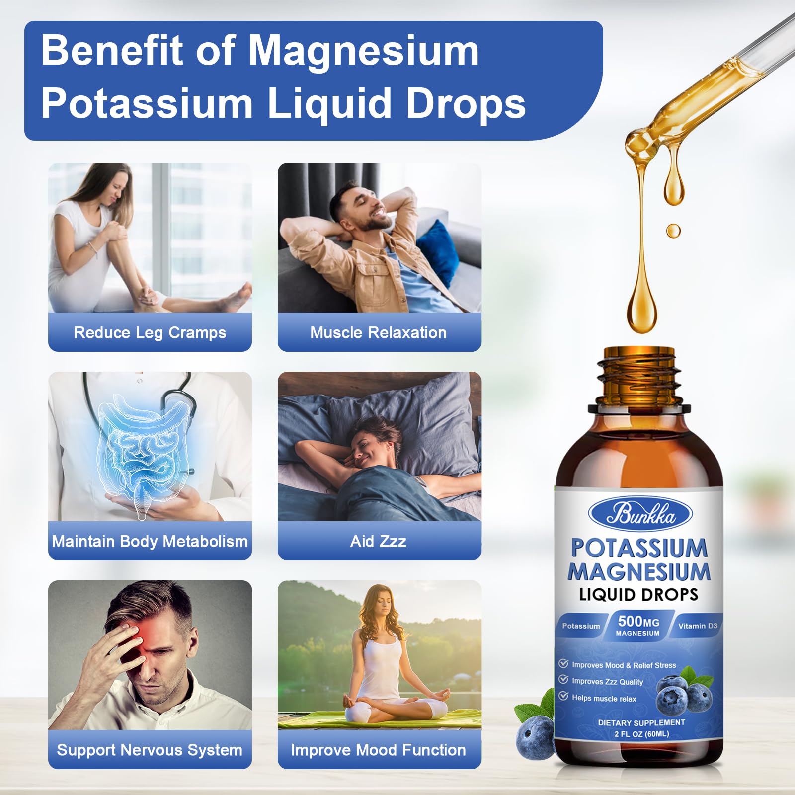 BestBy03/27 Bunkka Liquid Potassium Magnesium Calcium Zinc D3 2 Pack Blueberry