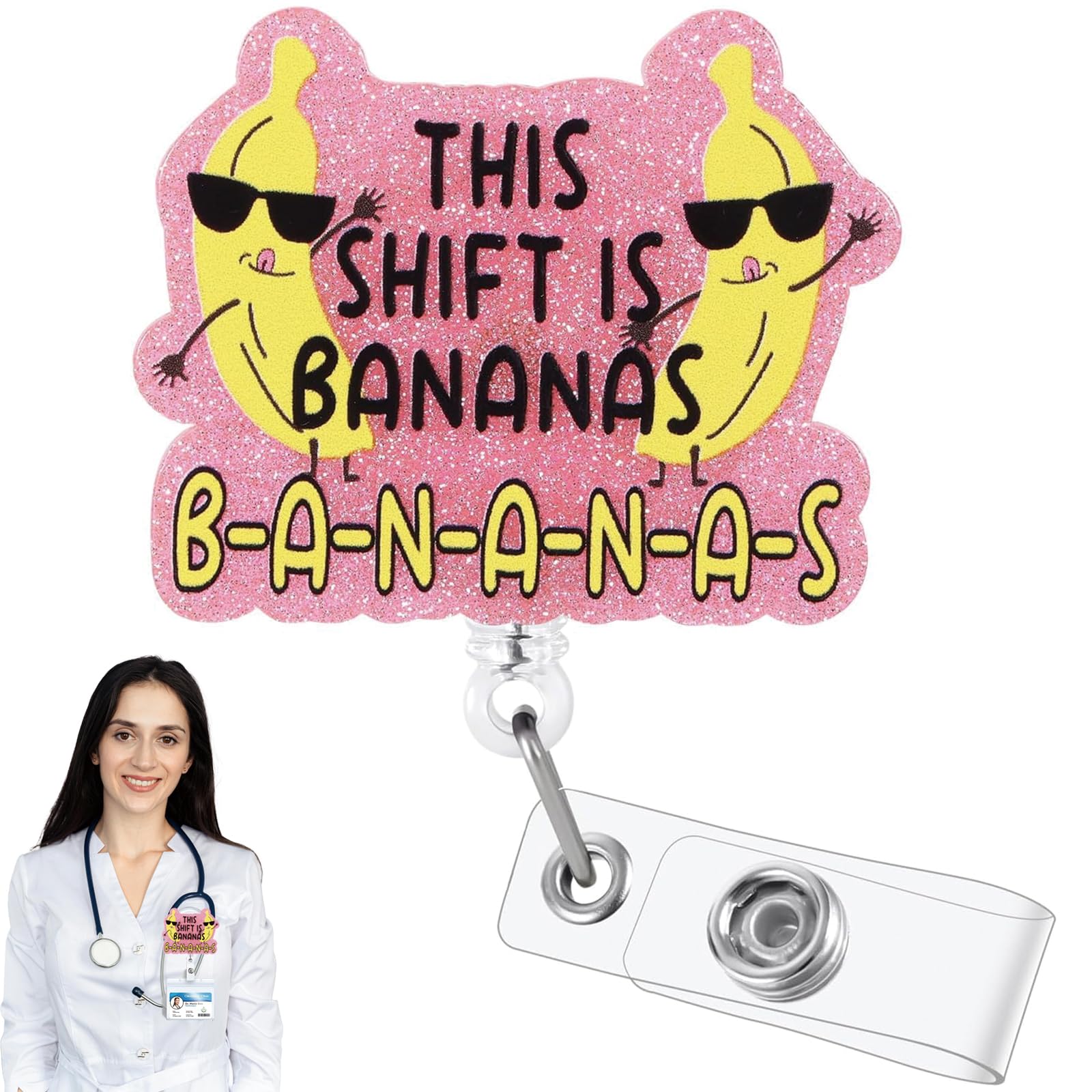 Funny Bananas Badge Reel Retractable Medical ID Clip Glitter Nurse Doctor