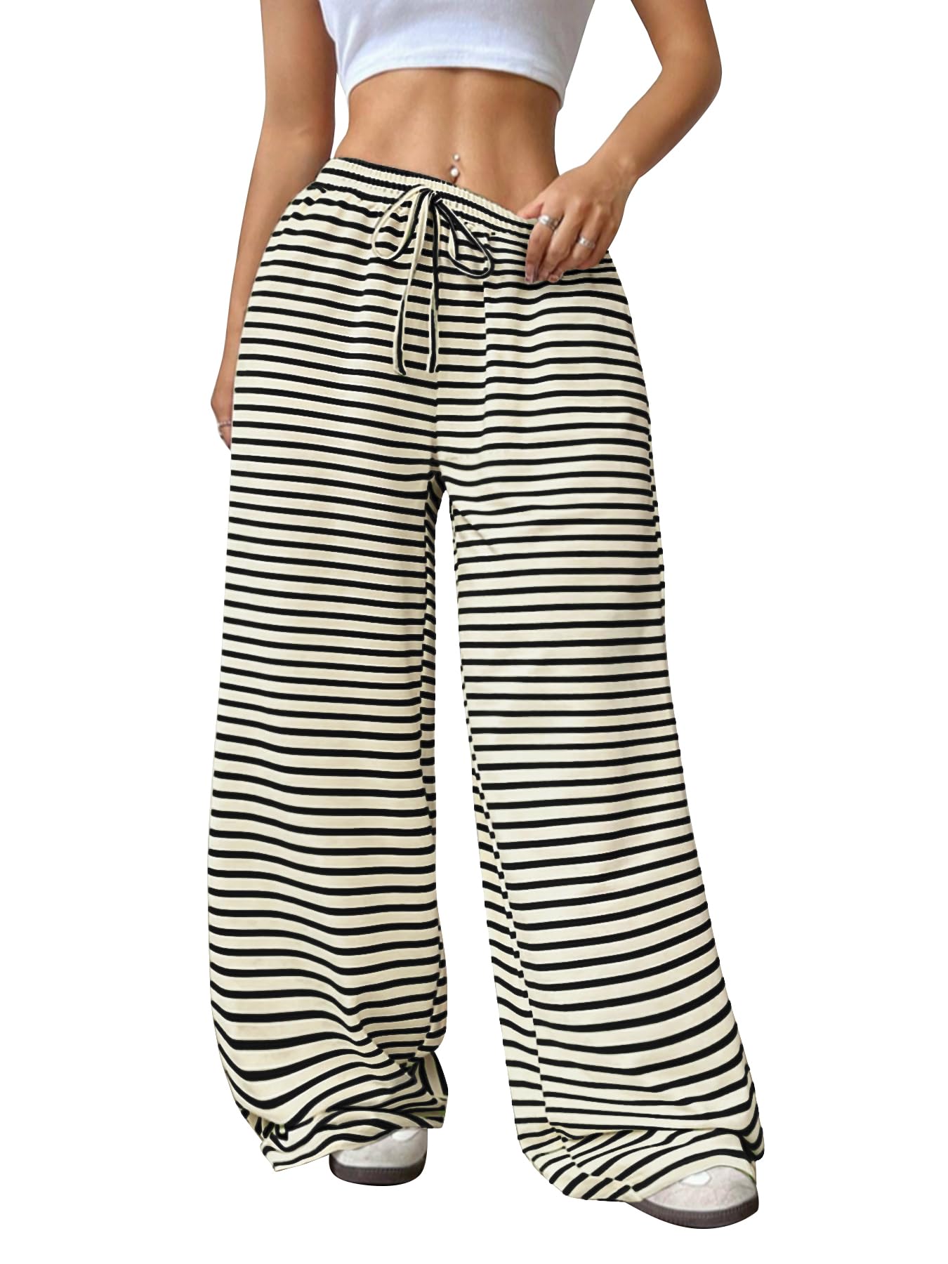 GUOLEZEEV Women Lounge Pants Elastic Waist Striped Y2K Sleepwear Black Apricot L