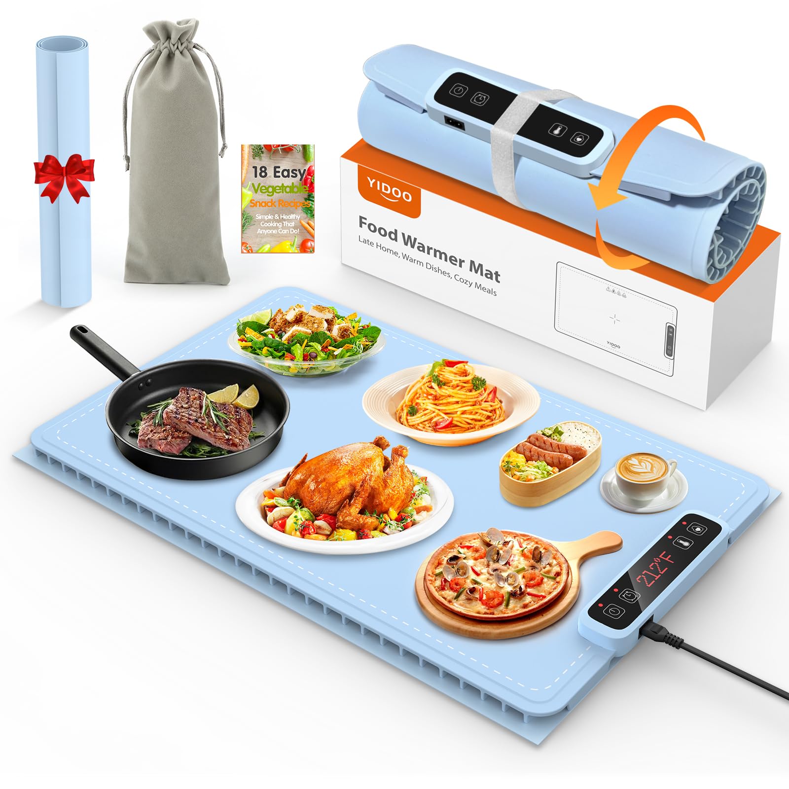 YIDOO Electric Food Warming Tray 5 Temp 4H Timer Silicone Baby Blue Size L