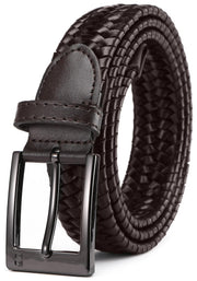 SAKIZITO Mens Braided Leather Belt - 1 1/4“ Stretch Belts for Men Casual - Mens Dark Brown Belt