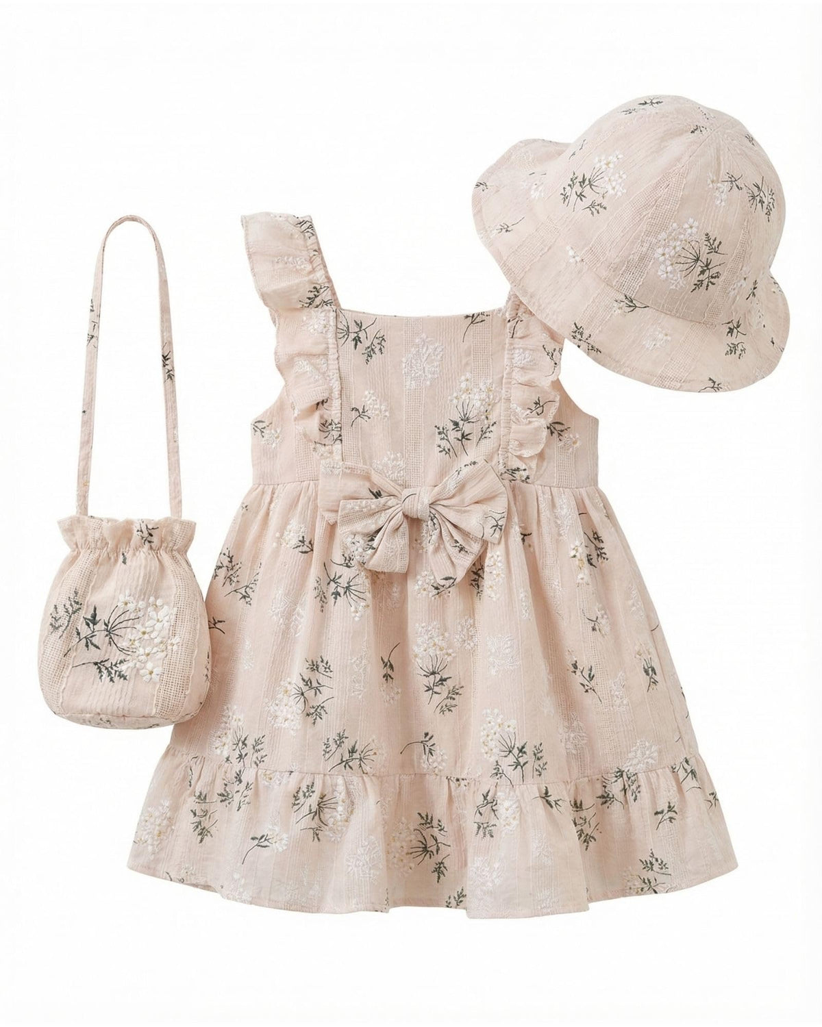 Summer Baby Girl Dresses 6M-3T, 100% Cotton Toddler Dress Ruffle Sleeve with Hat and Bag, Vintage Newborn Girl Floral Outfit (US, Age, 6 Months, 12 Months, Beige)