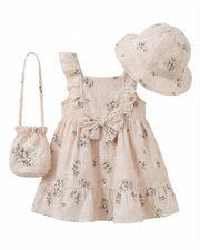 Summer Baby Girl Dresses 6M-3T, 100% Cotton Toddler Dress Ruffle Sleeve with Hat and Bag, Vintage Newborn Girl Floral Outfit (US, Age, 6 Months, 12 Months, Beige)