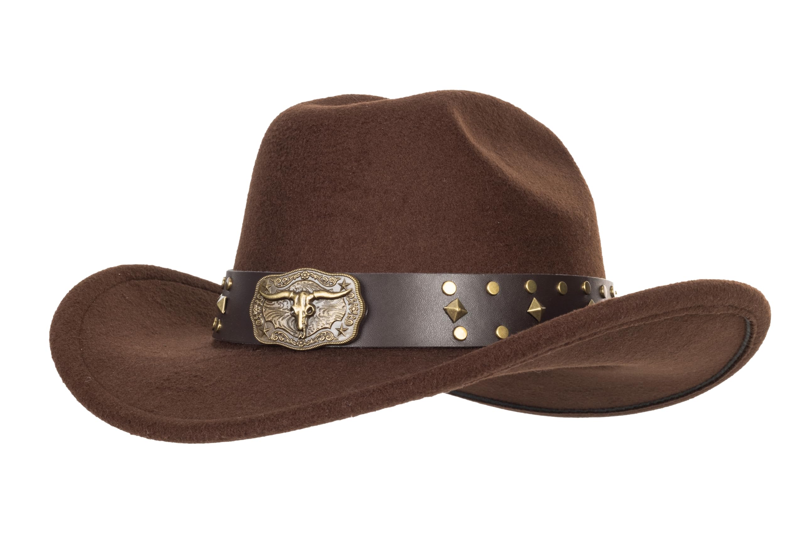 FGSS Western Cowboy Hats Unisex Wide Brim Felt Fedora Brown-Rivet