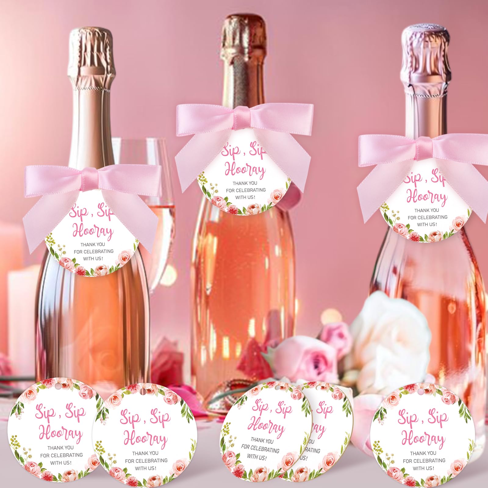 Diartpaint 50 Set Pink Wine Champagne Bottle Favor Tags with Twist Ties