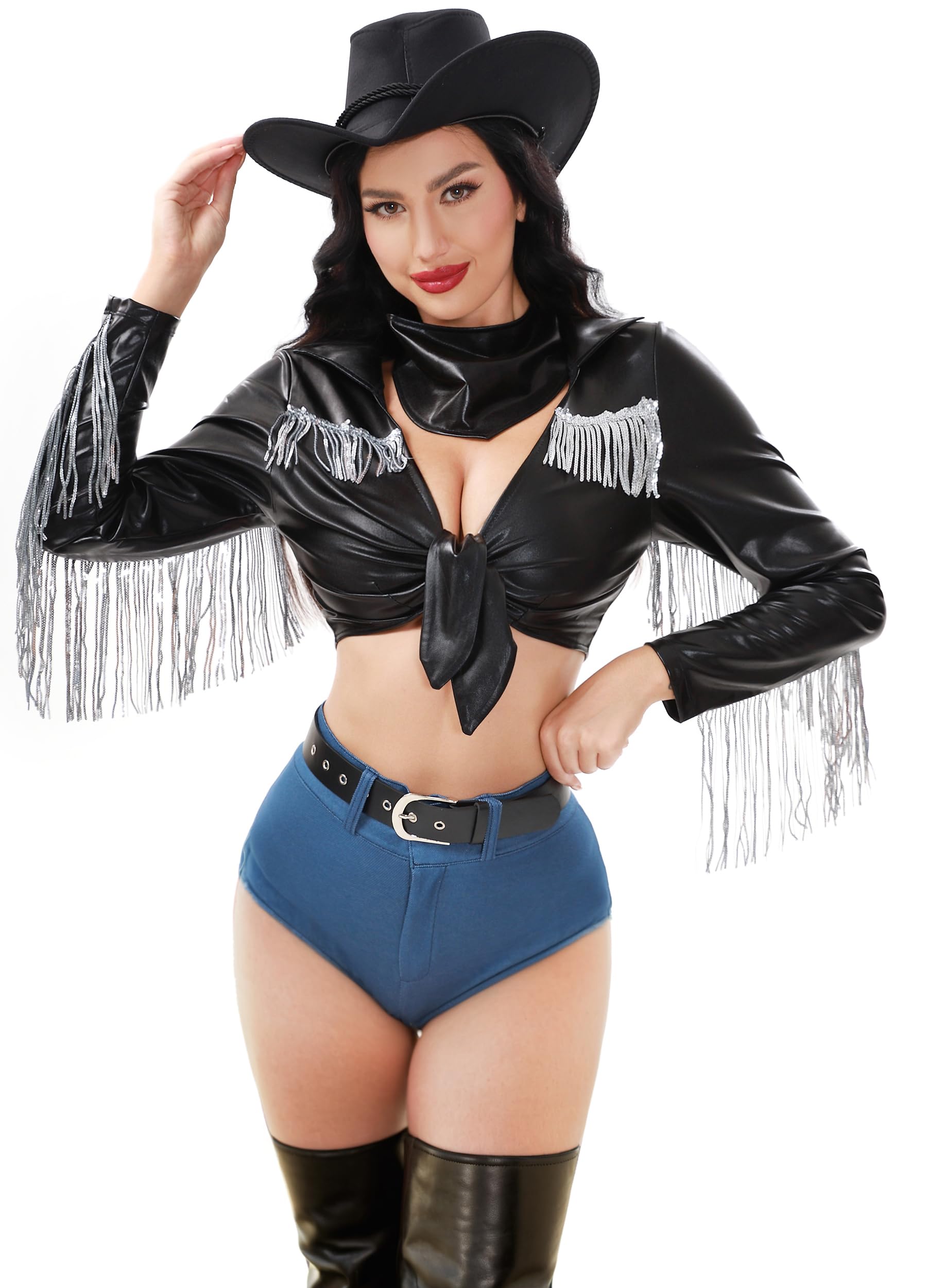 Funna Cowgirl Costume Women 5 Pc Hat Bandana Belt Black Size Small