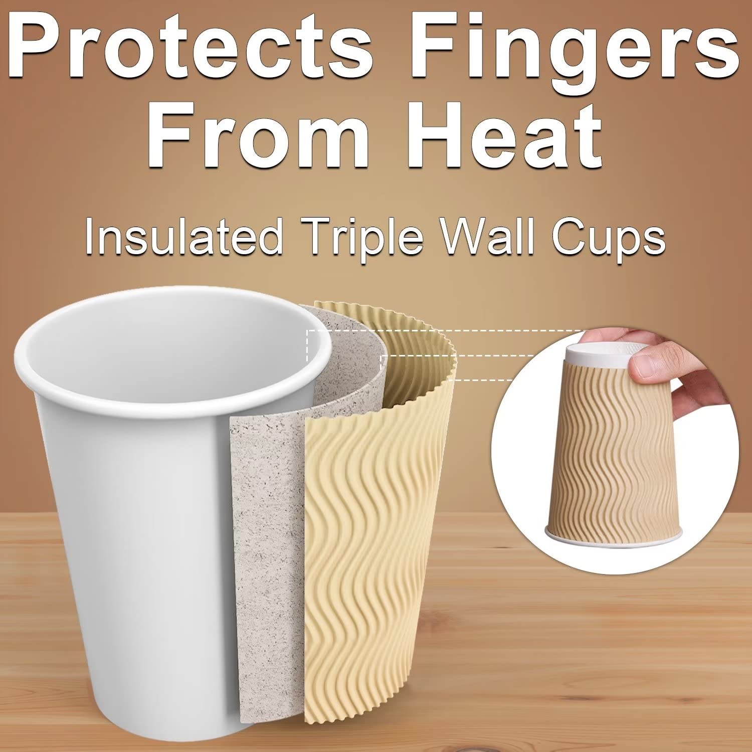 Luckypack Hot Paper Cups 16oz Disposable Insulated Ripple Wall Brown 100pcs