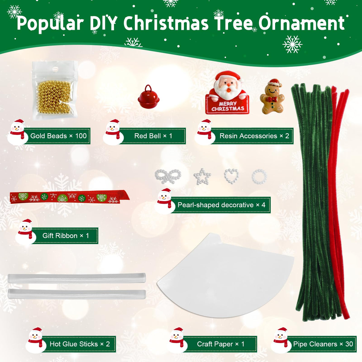 Pipe Cleaners Christmas Tree Ornaments Kit, Pipe Cleaner Craft Set for Holiday Family Activity, Handmade Christmas Hanging Decorations for Car, Wall, Mantels, Bedroom, Classroom, Office (Dark Green)