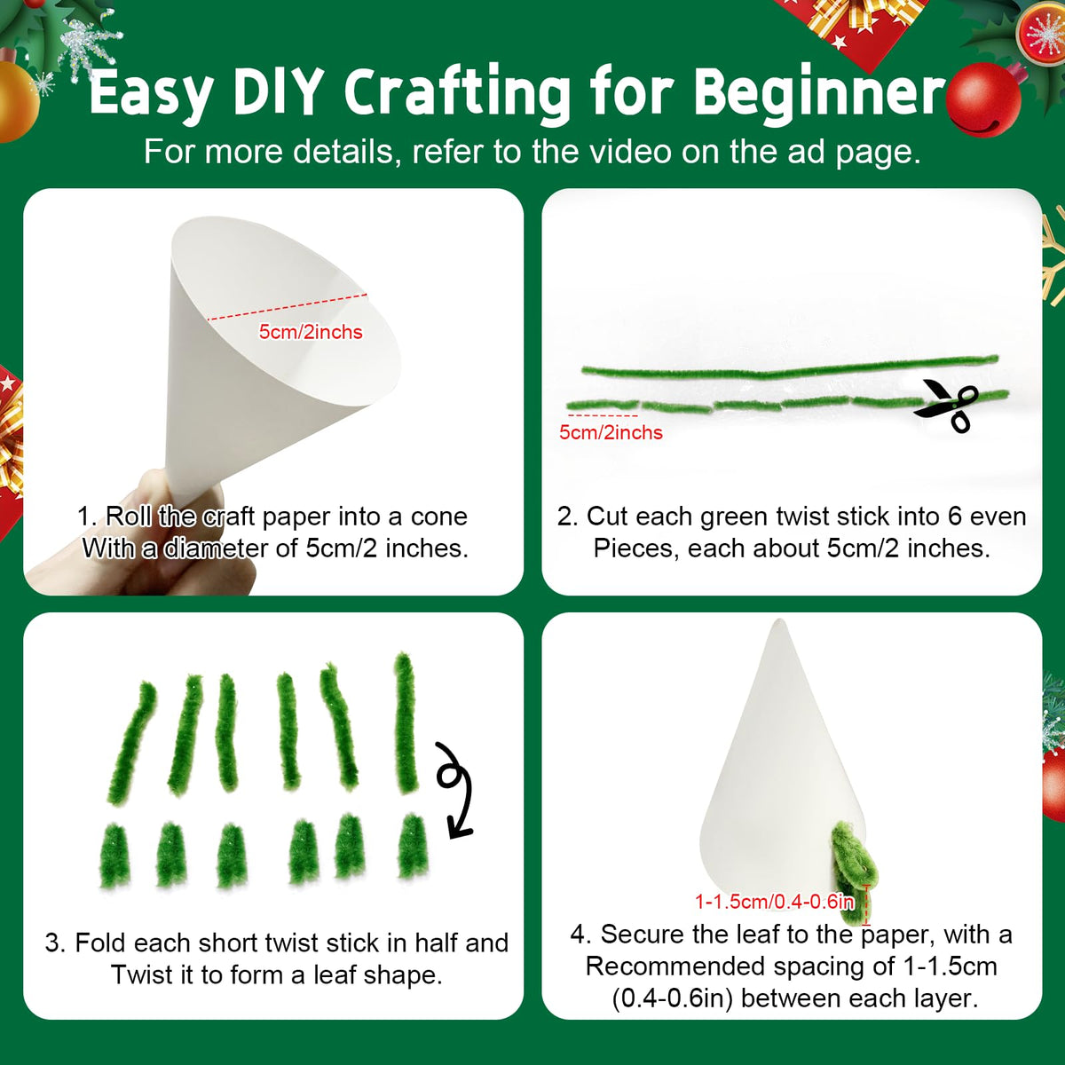 Pipe Cleaners Christmas Tree Ornaments Kit, Pipe Cleaner Craft Set for Holiday Family Activity, Handmade Christmas Hanging Decorations for Car, Wall, Mantels, Bedroom, Classroom, Office (Dark Green)