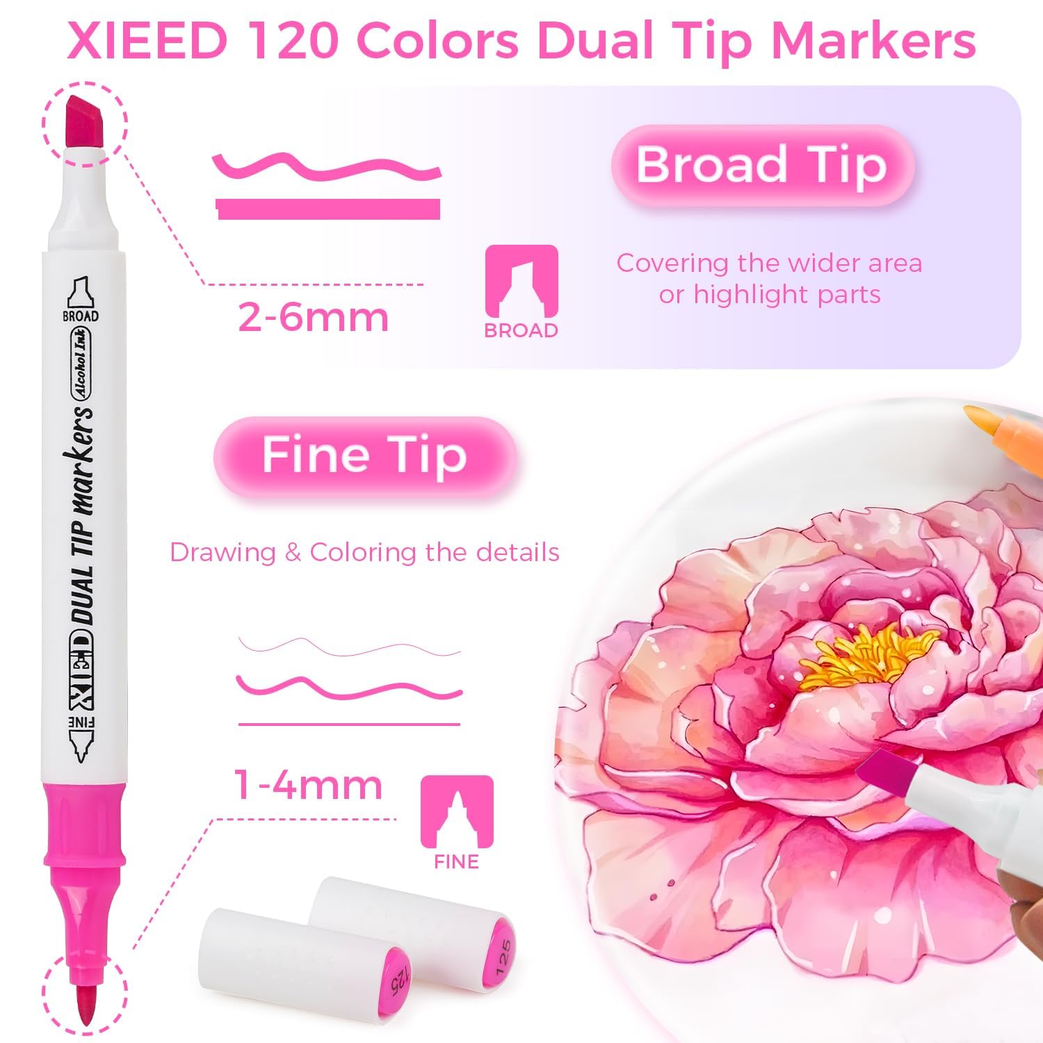 XIEED 2025 Upgraded Alcohol Markers 120 Colors Fine & Broad Tips Pink