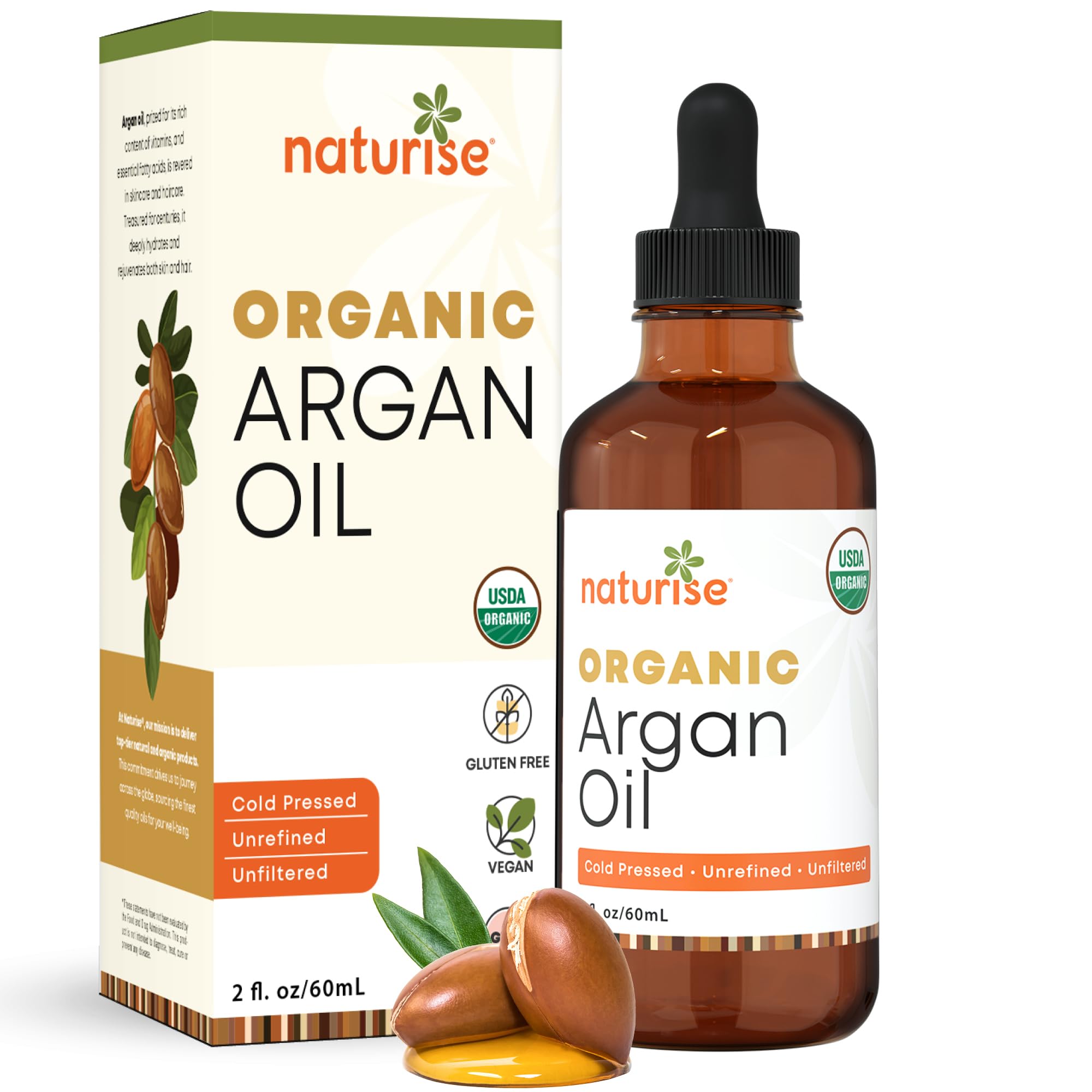 Naturise Organic Argan Oil Hair & Skin Cold Pressed Pure Morocco 2 fl oz