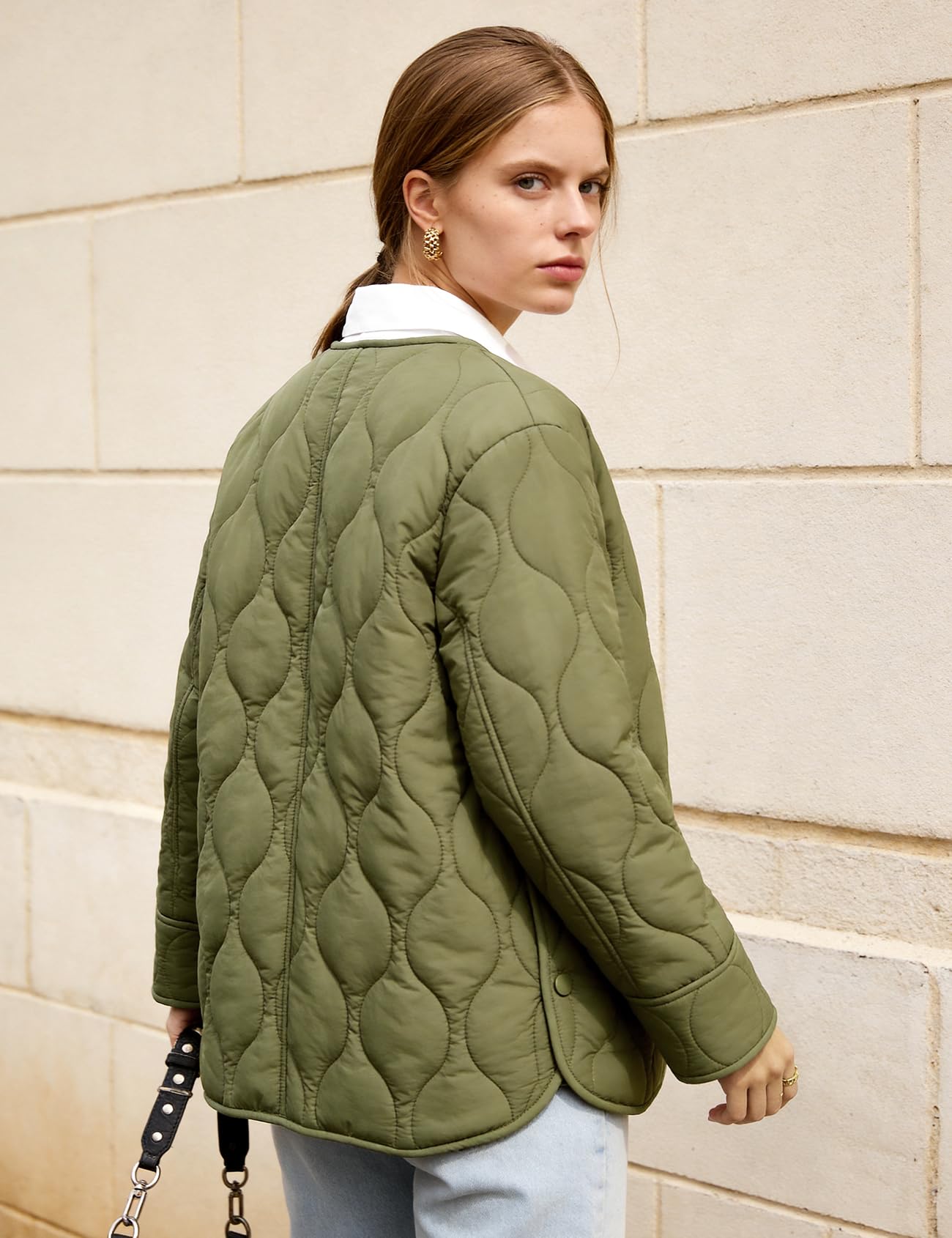 Flygo Women's Oversized Quilted Lightweight Puffer Jacket Green Size L