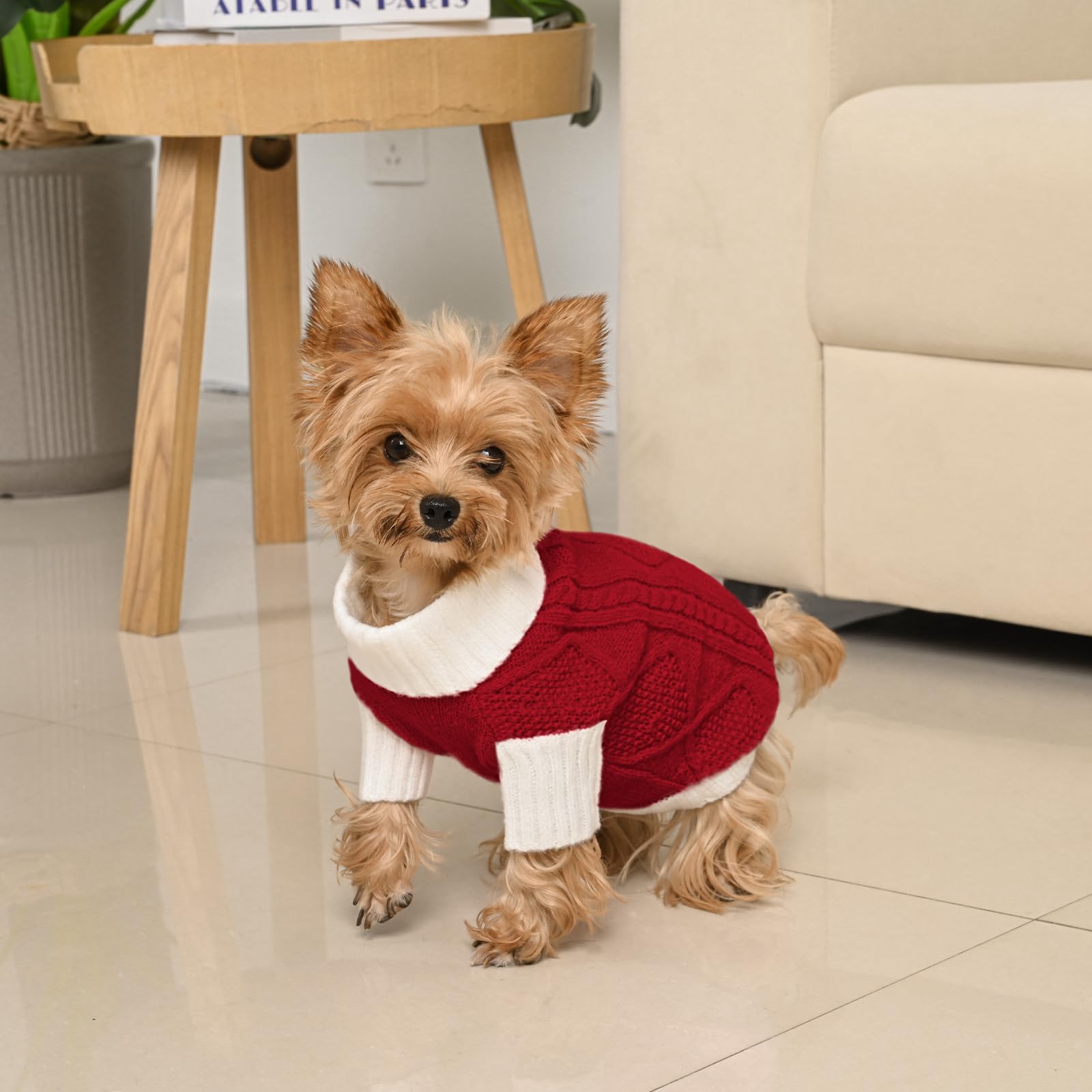 Lorehelina Dog Sweater Argyle Cable Knit Turtleneck Red Size S