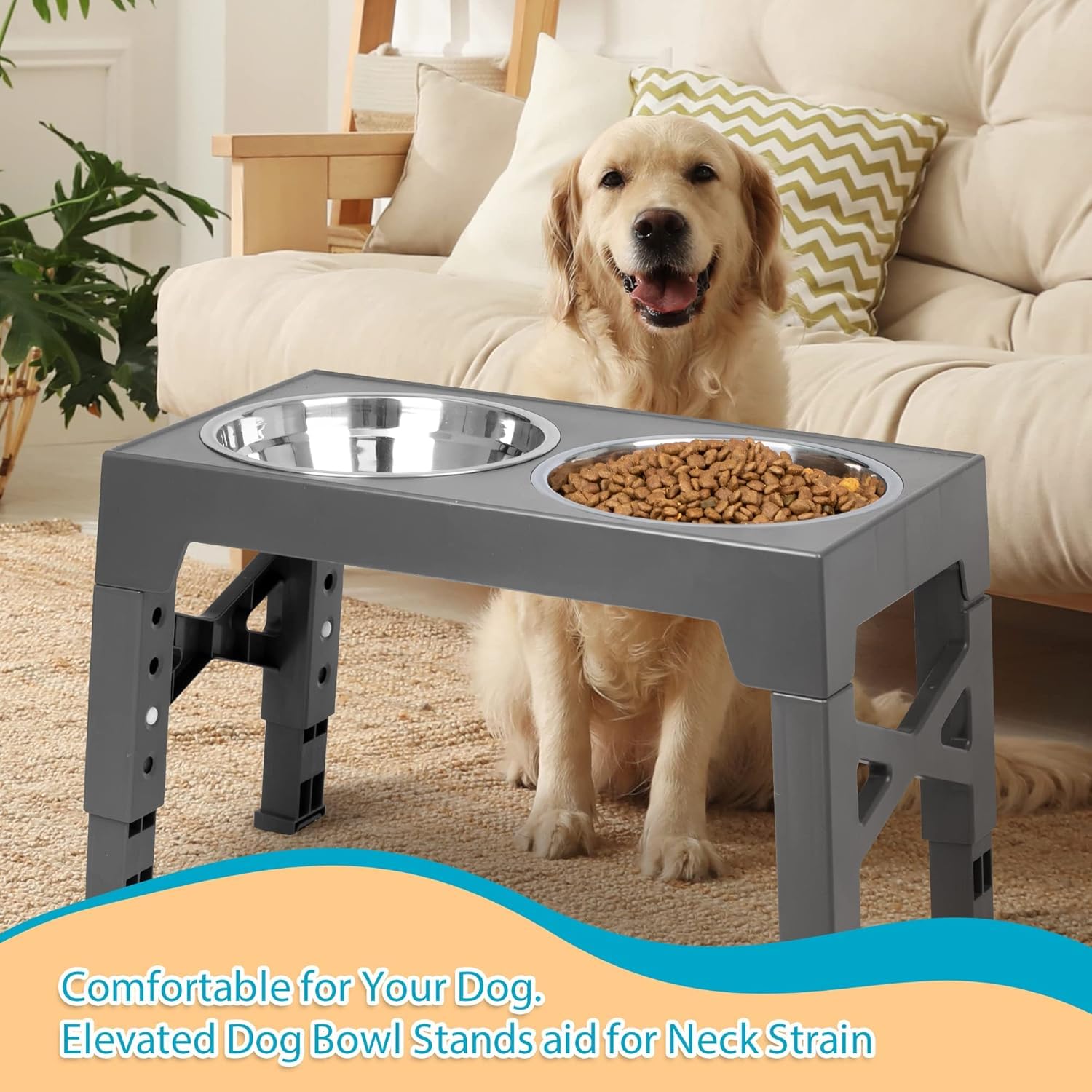 Niubya Elevated Dog Bowls Adjustable Raised Feeder w 2 Stainless Bowls