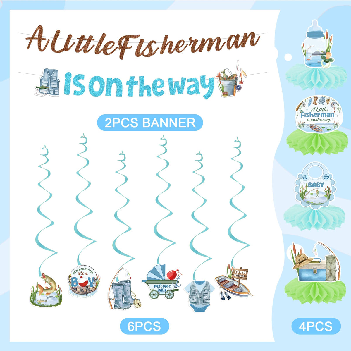 Fishing Baby Shower Decor Set: 2 Banners, 6 Swirls, 4 Honeycomb Decor