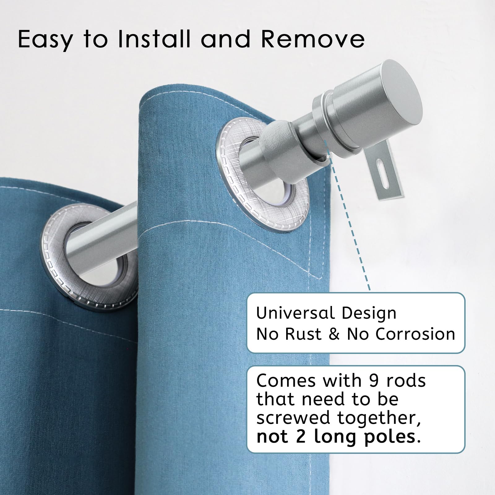 Byondeth Adjustable Curtain Rod 16-144in 1in Dia Aluminum End Cap Silver Gray