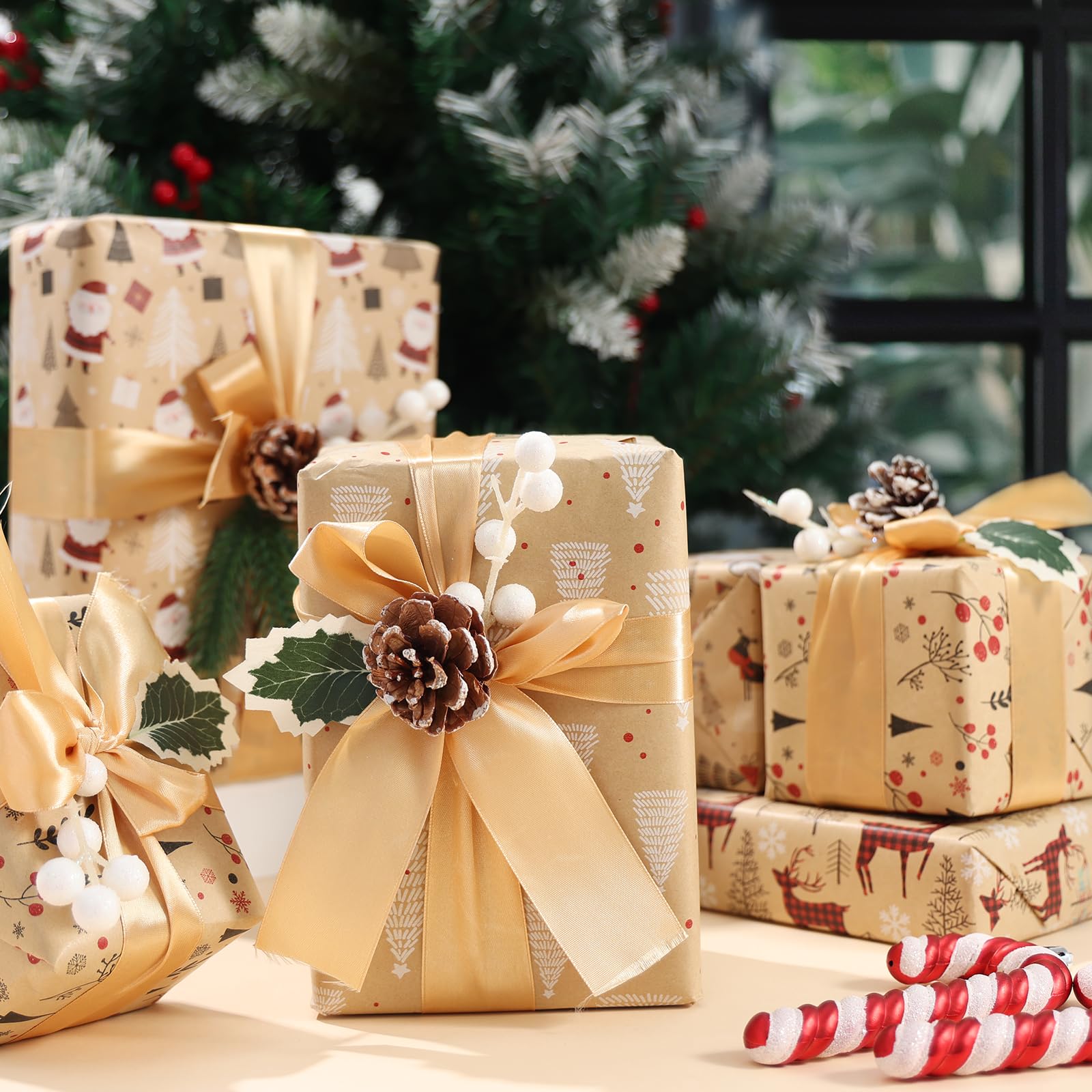 Qukou Christmas Wrapping Paper Kraft Brown Reindeer Woodlands 17ft x 50ft 5Rolls