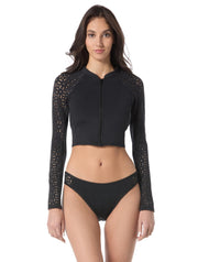 Michael Kors Swimwear Laser Cut Scuba Zipfront Cropped Rashguard Black Size XS