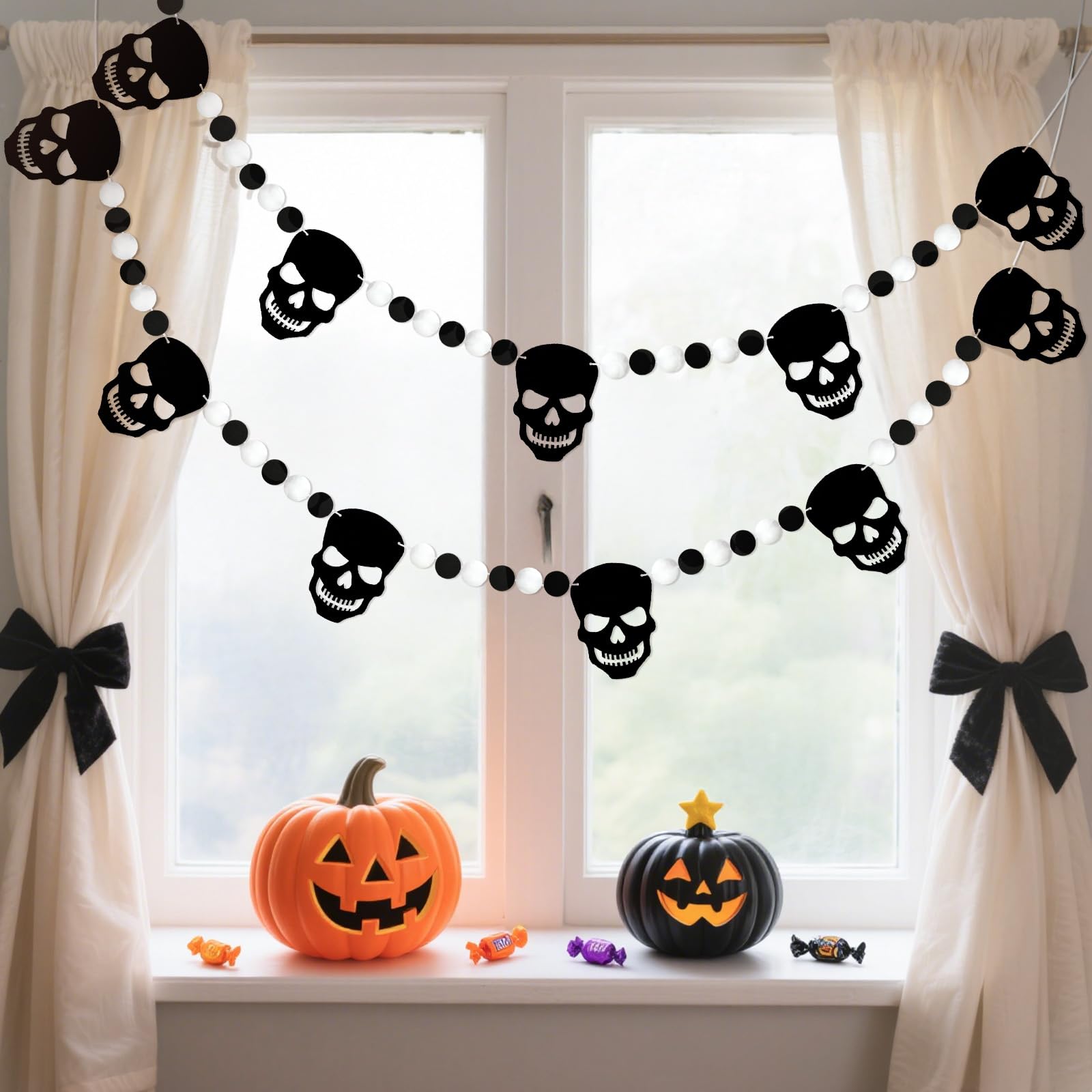 GCQQ Black White Skull Pompom Garland 6.4FT 2 Packs Halloween Decor