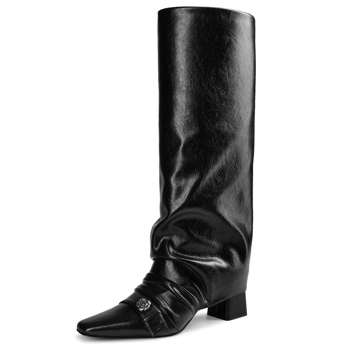 zhsrin Knee High Boots for Women Square Toe Chunky Heel Fold Over Slouchy Boots Wide Calf Comfortable Tall Boots