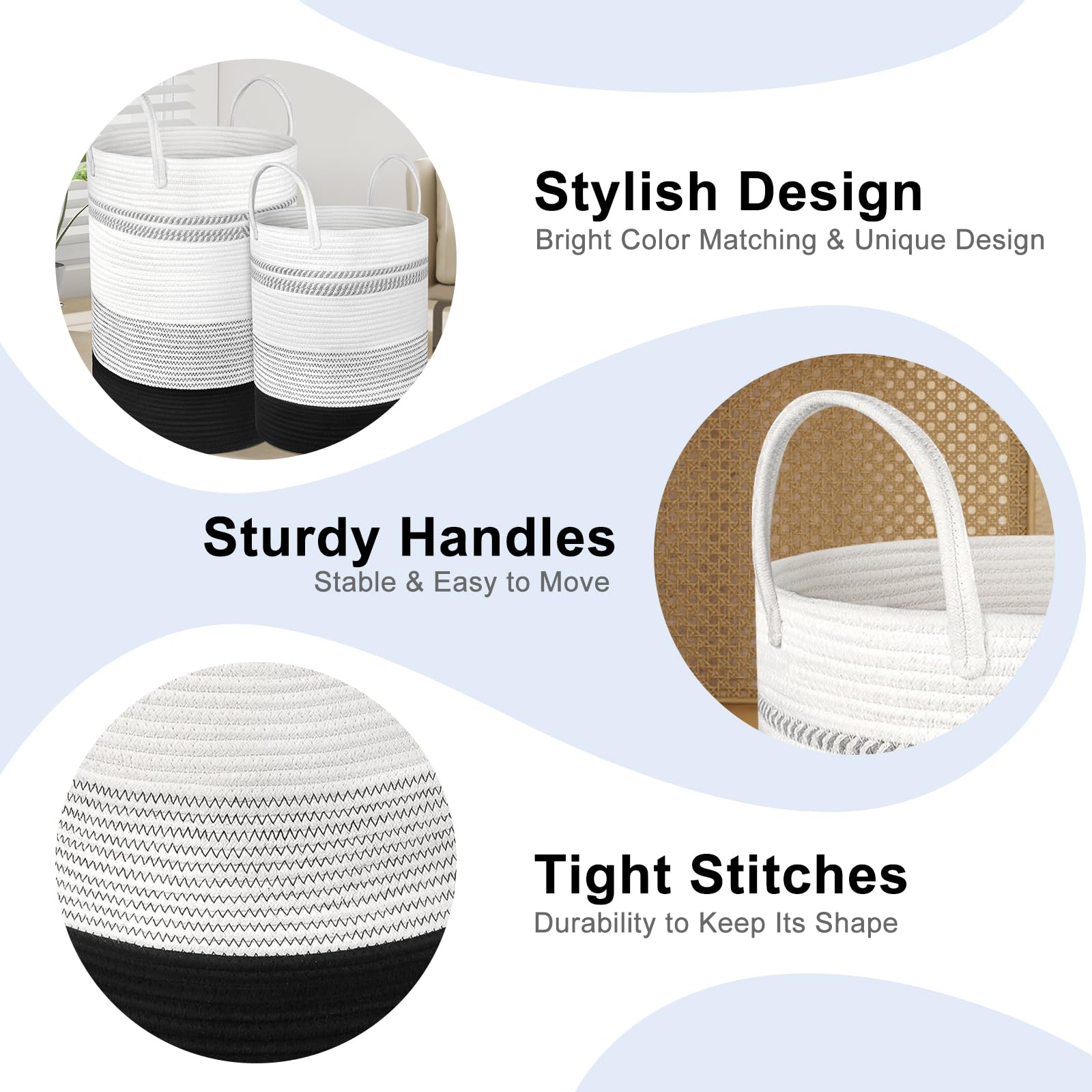2-Pack Rope Laundry Baskets Cotton Hamper Woven Storage 58L 28L Black