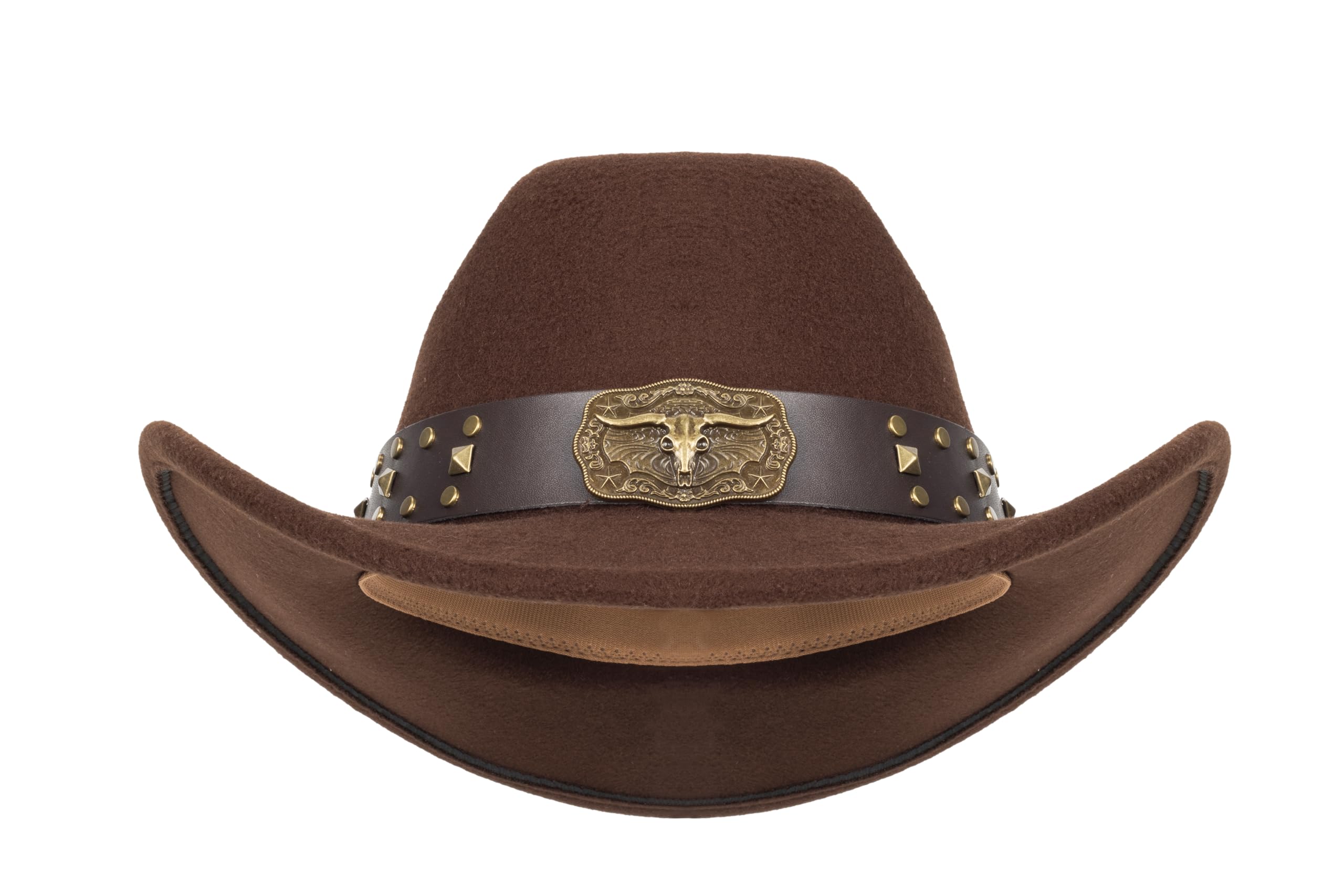 FGSS Western Cowboy Hats Unisex Wide Brim Felt Fedora Brown-Rivet