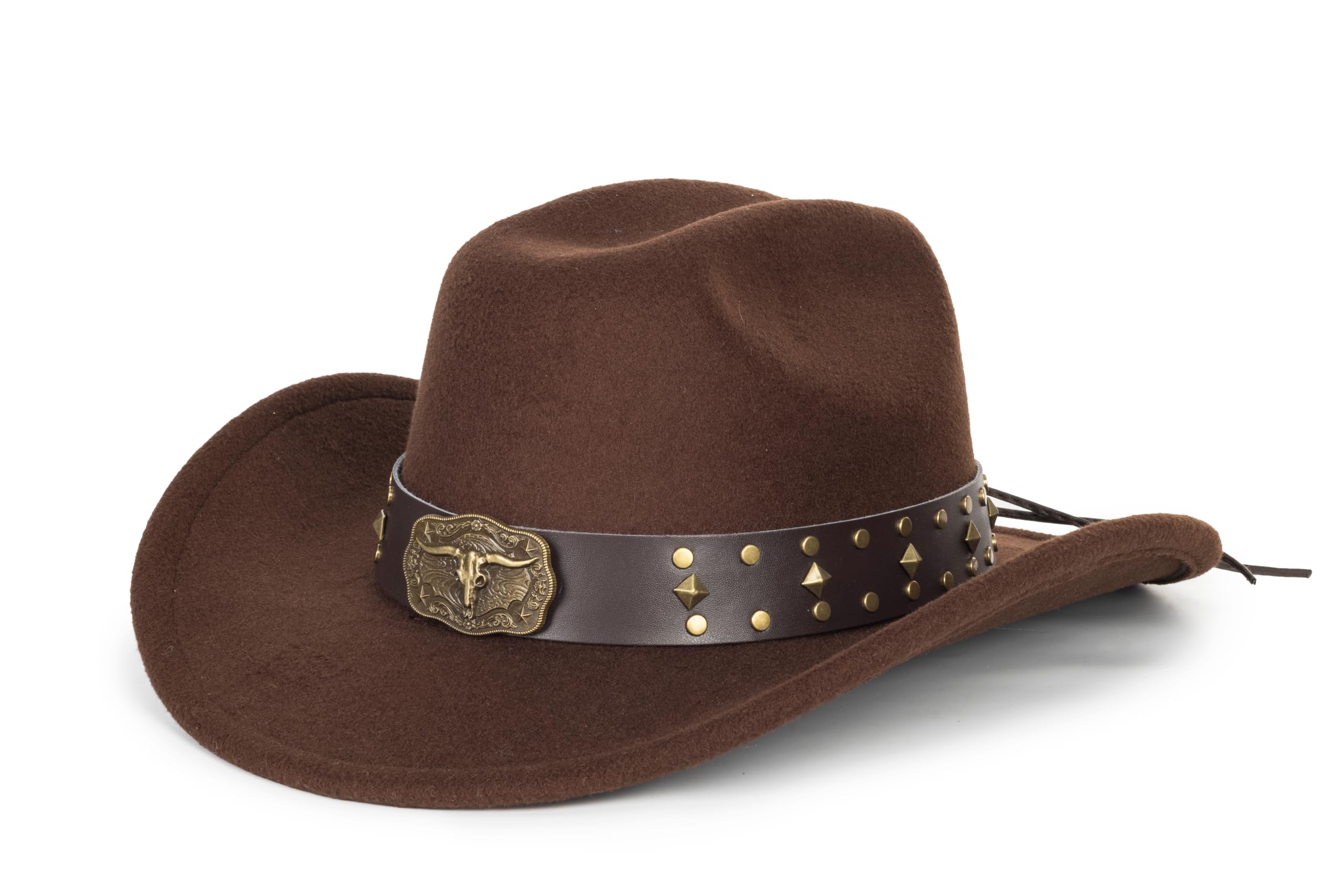 FGSS Western Cowboy Hats Unisex Wide Brim Felt Fedora Brown-Rivet