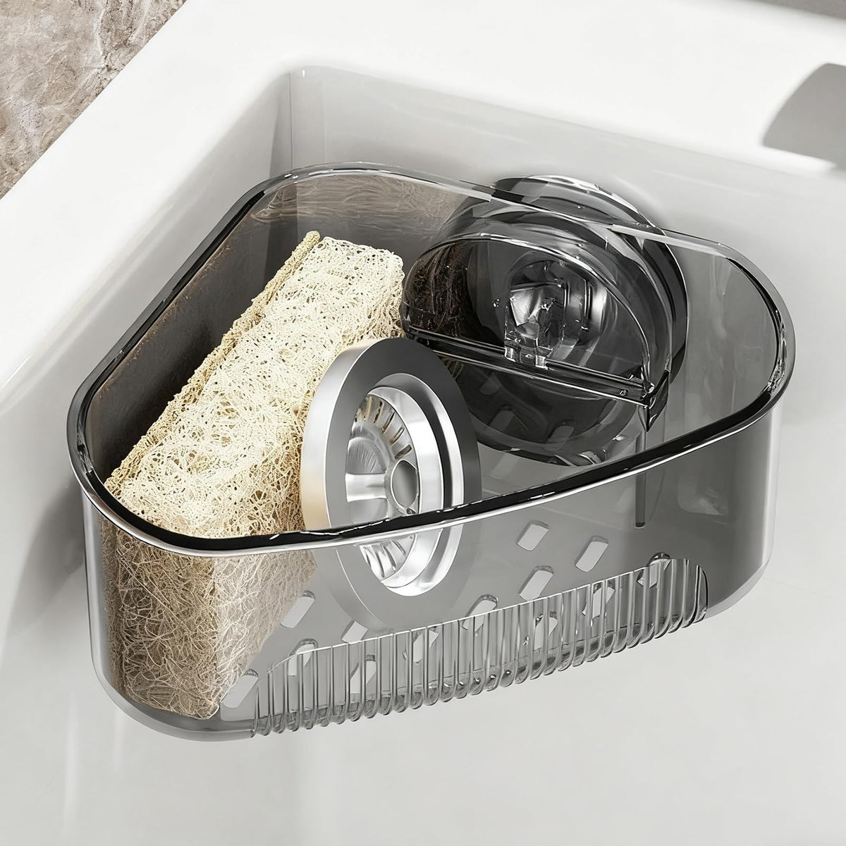 Plman Sink Strainer Basket, Triangle Suction Cup Sink Corner Rack, New Upgraded Corner Sink Strainer with Drainage Hole, Punch-Free Corner Sink Trash Catcher for Kitchen and Bathroom (Black)