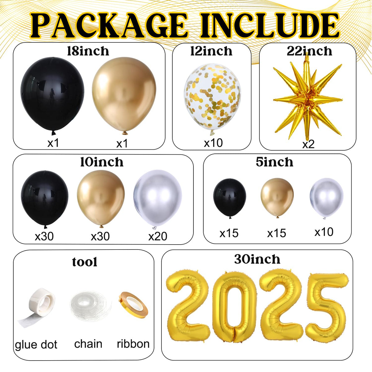 Black and Gold Balloons Garland Arch Kit,141 Pcs Black Silver Metallic Gold Confetti Balloons 2025 Foil Balloons for 2025 Happy New Year Birthday Graduation Party Decorations New Years Eve Party Decor