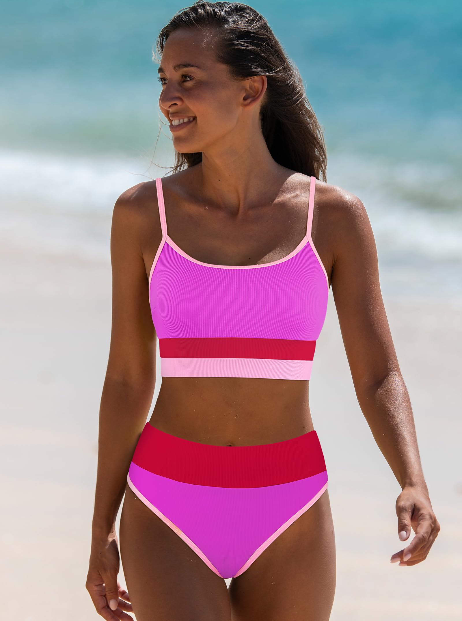 popvil Women Bikini Set High Waisted Ribbed Neon Pink Striped Adjustable Size M