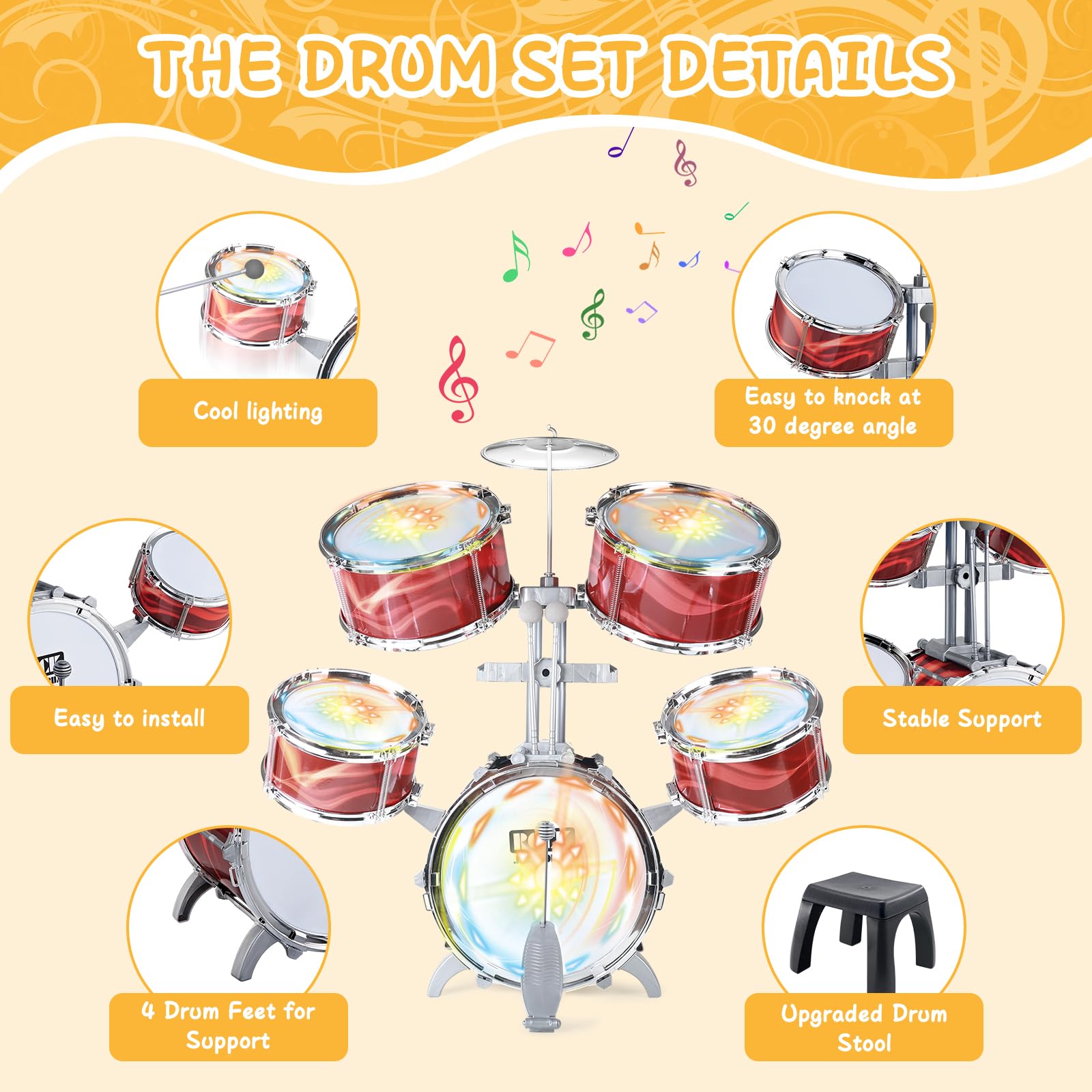 deAO Kids Drum Set 5-Drum Jazz Toy with Lights Vibrating Musical 3-5Y Red