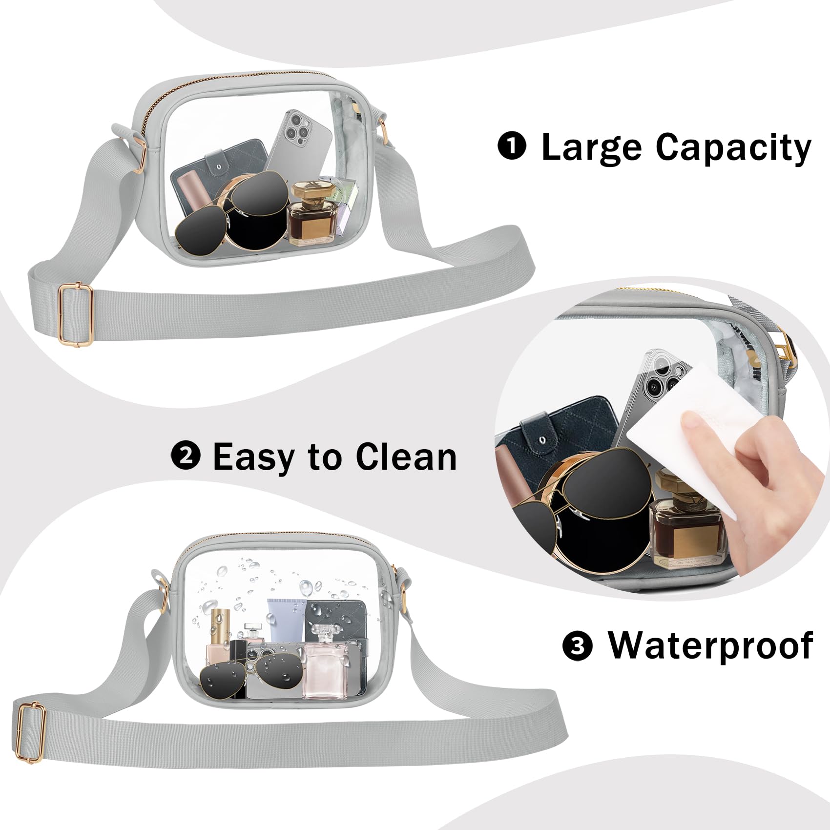 VOROLO Stadium Approved Clear Crossbody Bag Small Gray Adjustable Strap