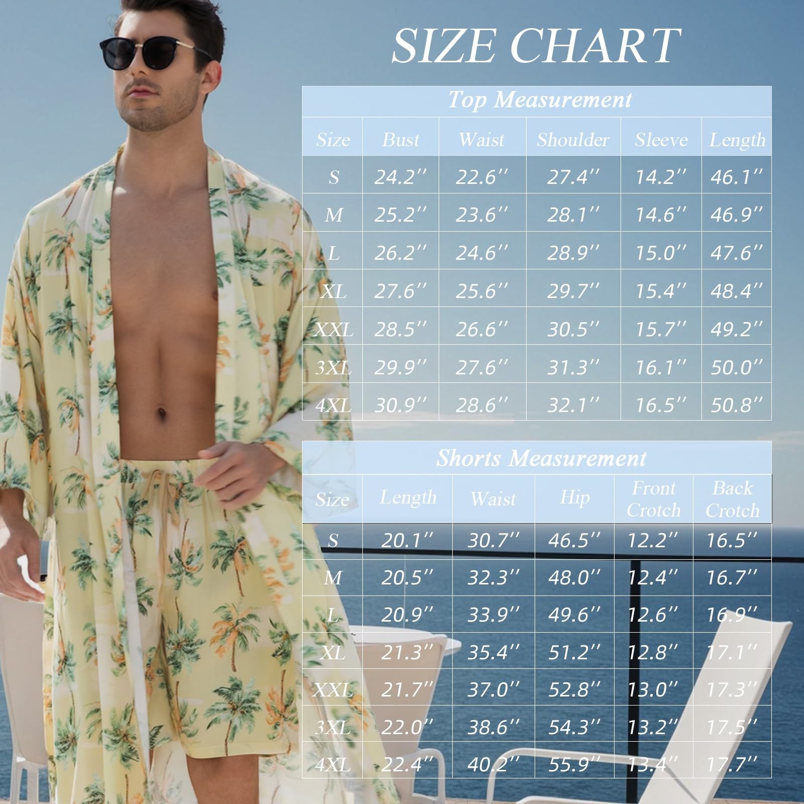 Generic Men's Lightweight Kimono Robe and Shorts Set Green Palm Tree XX-Large