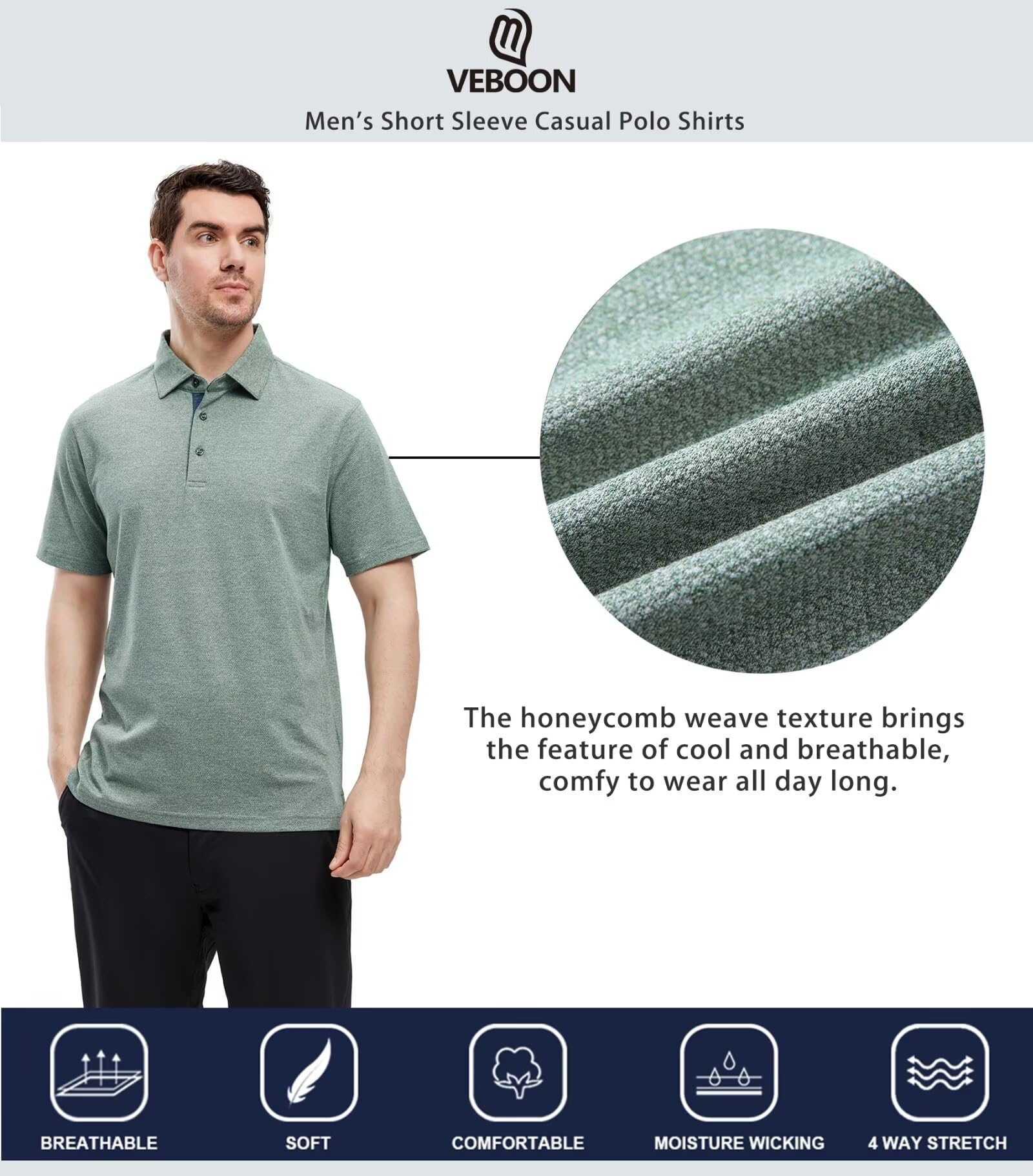 VEBOON Men Polo Shirt Short Sleeve Performance Business Casual Frost Green Large
