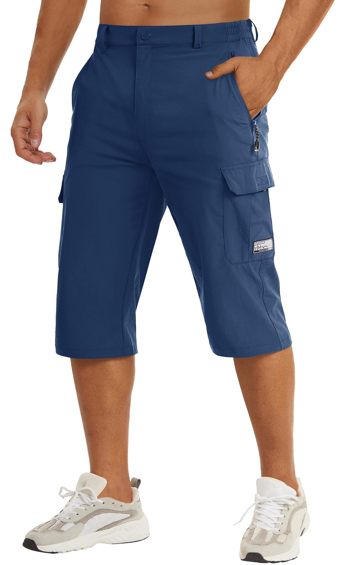TACVASEN Capri Long Shorts for Men Stretch Elastic Waist Quick Dry Lightweight Cargo Hiking Gym Running Summer Outdoor Blue