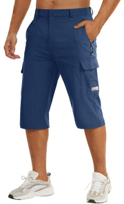 TACVASEN Capri Long Shorts for Men Stretch Elastic Waist Quick Dry Lightweight Cargo Hiking Gym Running Summer Outdoor Blue