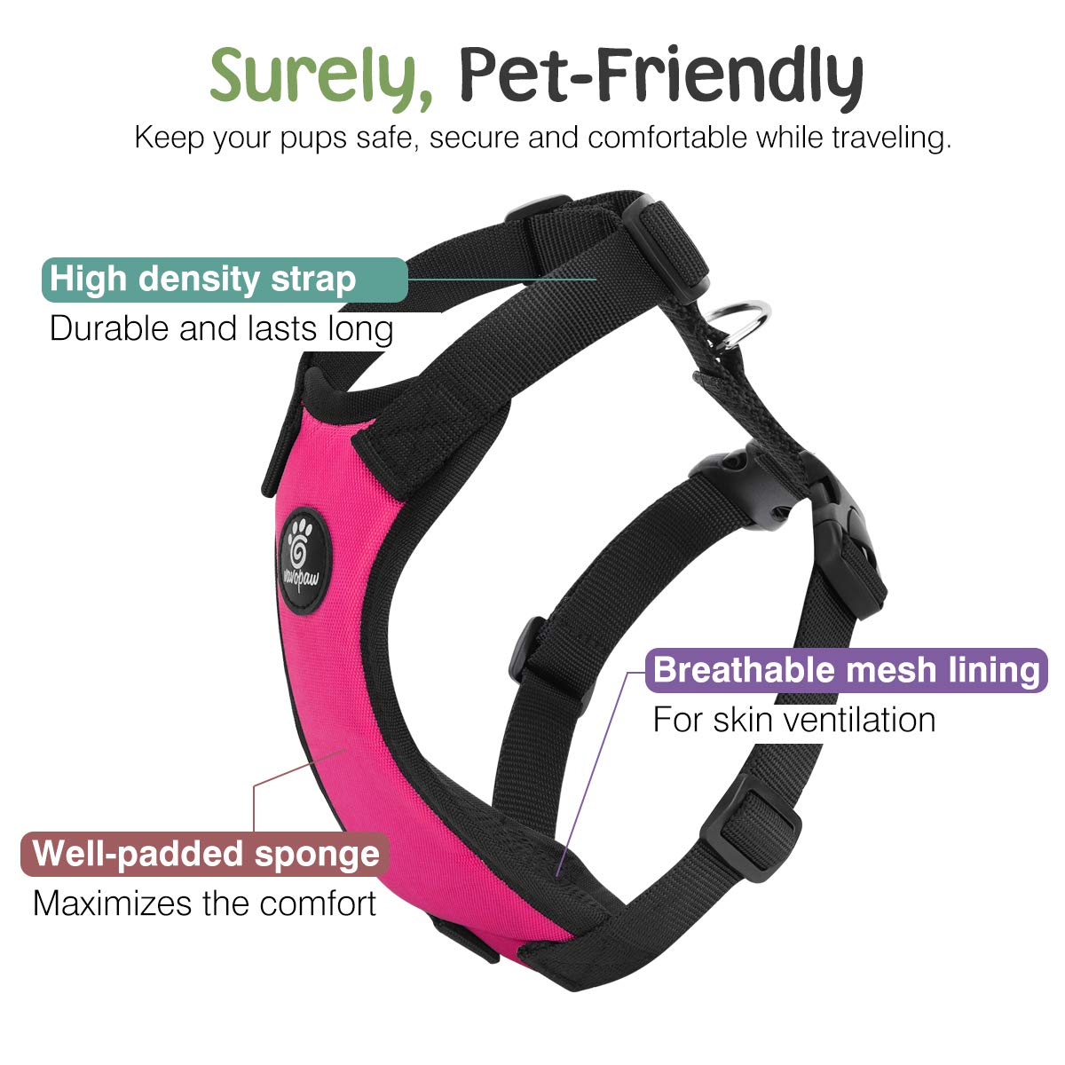 VavoPaw Dog Seat Belt Safety Vest Car Harness Adjustable Nylon S Magenta