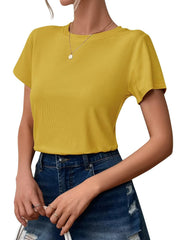 Ridshy Women's Ribbed Crewneck Short Sleeve T-Shirt, Yellow, Size L