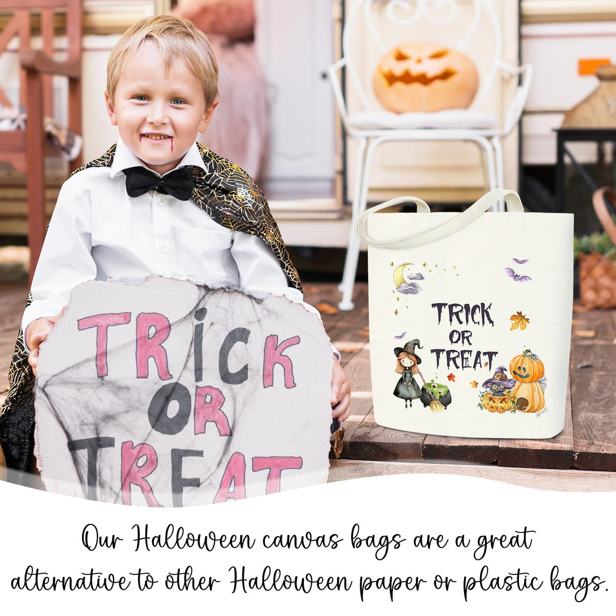 Halloween Trick or Treat Reusable Cotton Canvas Tote Bag