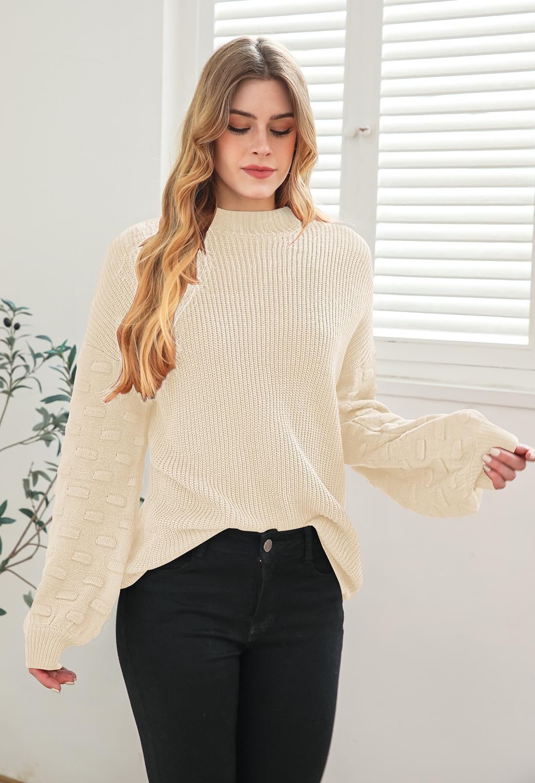 Sovoyontee Women's 2025 Fall Long Puff Sleeve Crew Neck Knit Chunky Casual