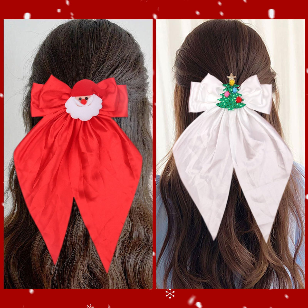 HIFANMM 2pcs Christmas Bow Hair Clips Xmas Tree Santa Claus Hair Accessories for Women Girls, Red White Big Bows Long Tail Hairpins Winter New Year Christmas Party Costume Supplies Decoration
