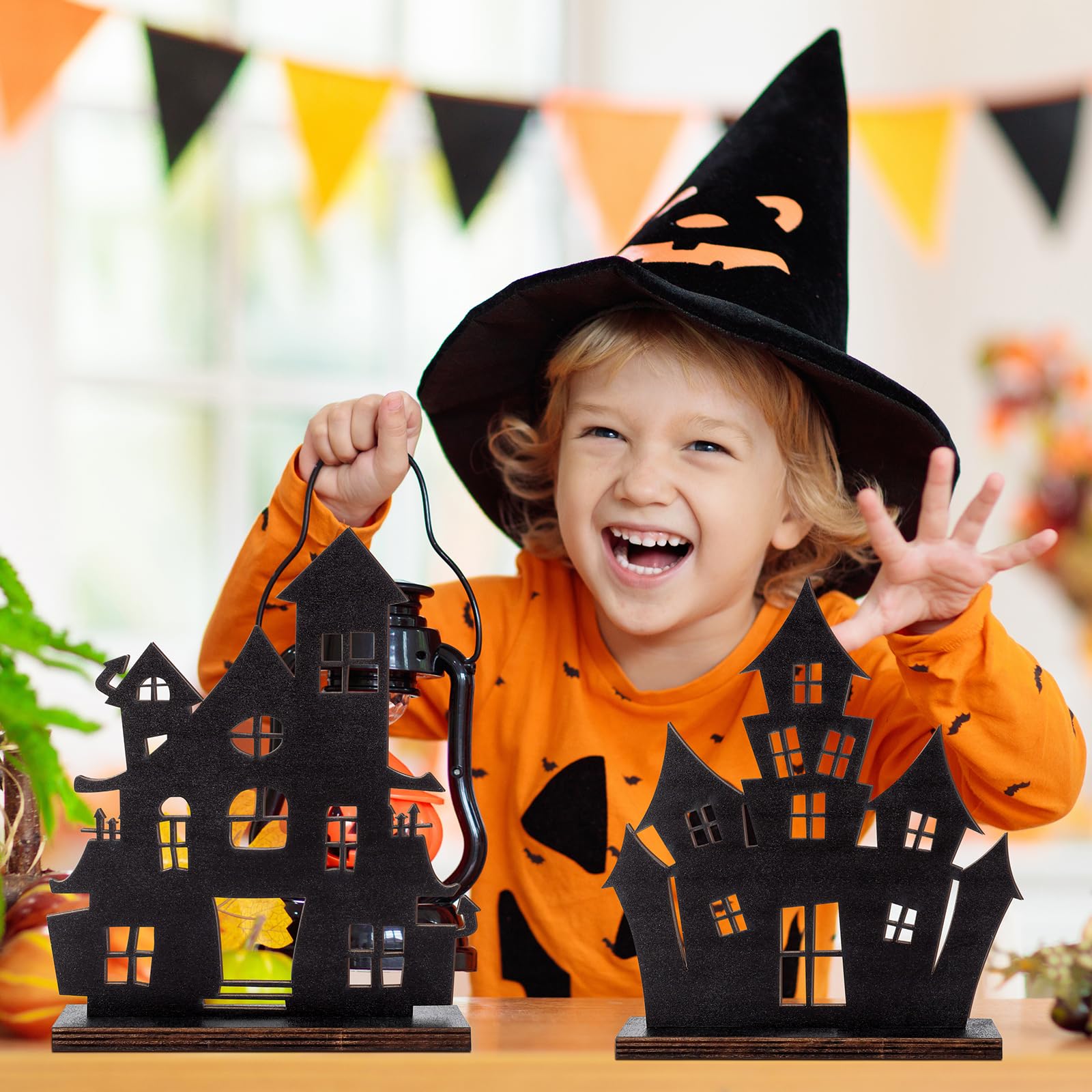 YLOLUL 6 Pcs Halloween Wooden Haunted House Table Centerpiece Decorations