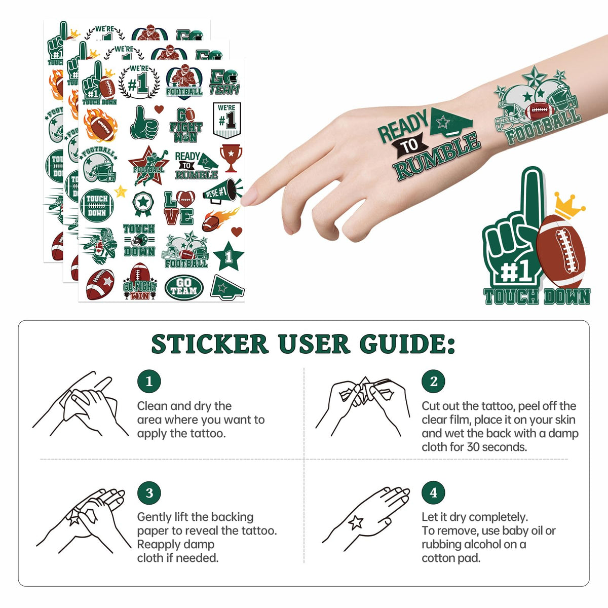Green Team Spirit Temporary Tattoos, 180 Pcs Football Sports Cheer Face Tattoo Stickers, Glitter Green Team Spirit Week Accessories for Cheerleading Teams Sports Games Supplies School Prizes Rewards