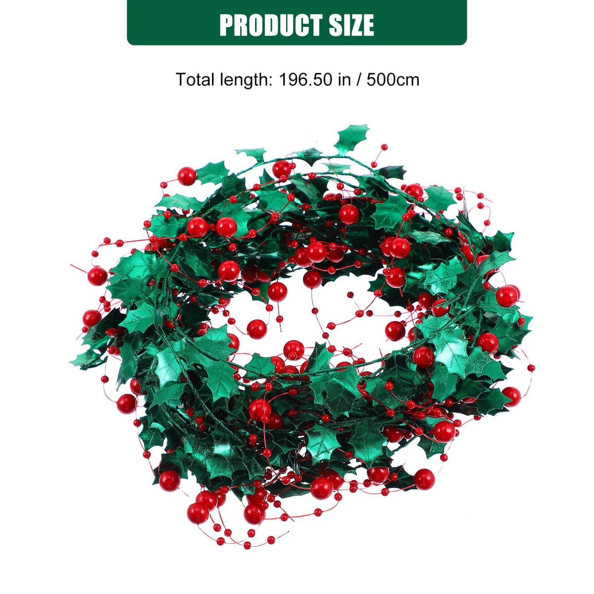 Veemoon 1 Roll Christmas Star Garland with Red Holly Berries 5M Green and Red Tinsel Wire Garland for Home Wedding Birthday Party Decorations