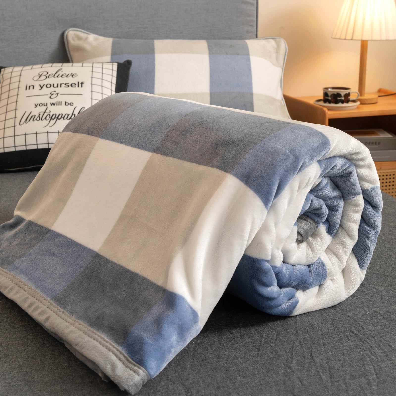 PAJEO Fleece Blanket Queen Size Checkered Blue Soft Lightweight Plush Flannel